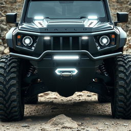 A rugged front design of an all-terrain vehicle showcasing its large, aggressive wheels