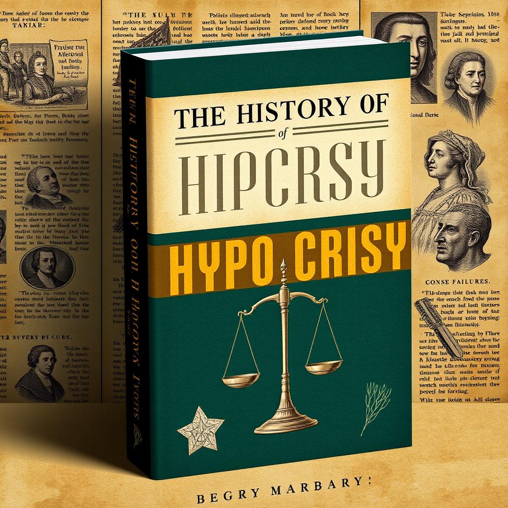 A striking book cover design for 'The History of Hypocrisy', artfully integrating modern and historic elements