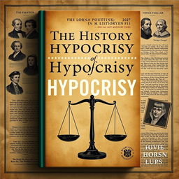 A striking book cover design for 'The History of Hypocrisy', artfully integrating modern and historic elements