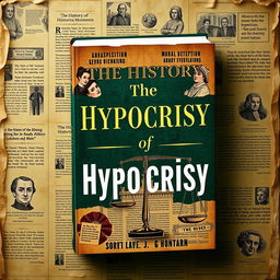 A striking book cover design for 'The History of Hypocrisy', artfully integrating modern and historic elements