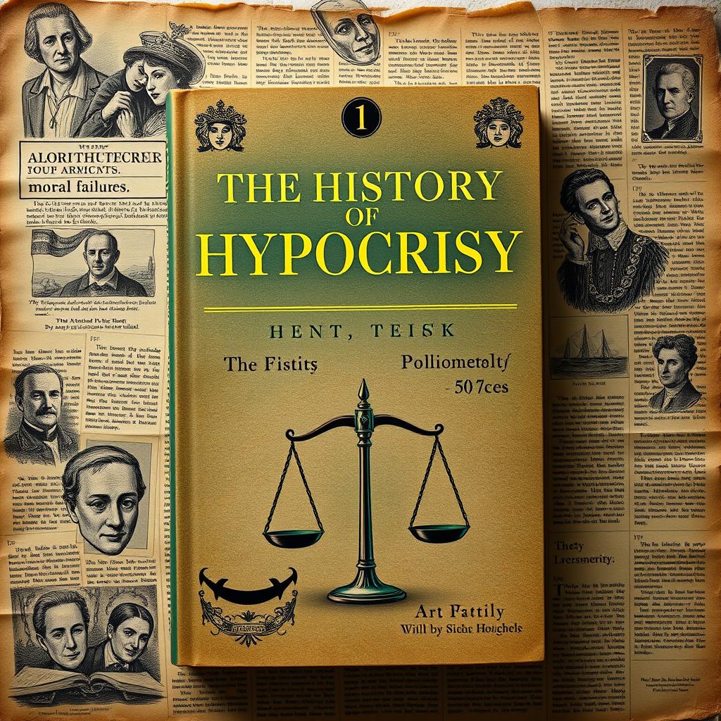 A striking book cover design for 'The History of Hypocrisy', artfully integrating modern and historic elements