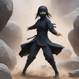 A ninja girl anime character, designed in Japanese anime style, showcasing her earth manipulation techniques. Surrounded by swirling rocks and dust, she stands in a determined pose.