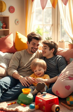 A tender scene depicting two young men in a loving relationship, sitting closely together in a cozy environment, surrounded by soft pillows and blankets