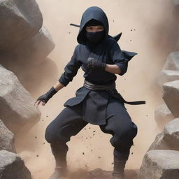 A ninja girl anime character, designed in Japanese anime style, showcasing her earth manipulation techniques. Surrounded by swirling rocks and dust, she stands in a determined pose.