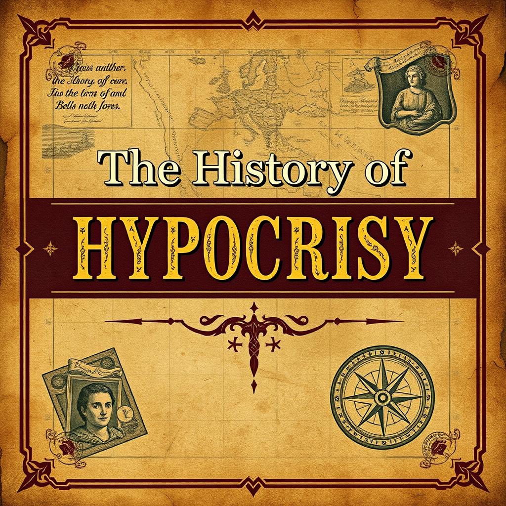 A captivating book cover design for 'The History of Hypocrisy', seamlessly blending a modern aesthetic with historic elements