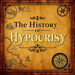 A captivating book cover design for 'The History of Hypocrisy', seamlessly blending a modern aesthetic with historic elements