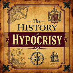 A captivating book cover design for 'The History of Hypocrisy', seamlessly blending a modern aesthetic with historic elements