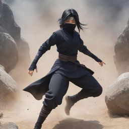 A ninja girl anime character, designed in Japanese anime style, showcasing her earth manipulation techniques. Surrounded by swirling rocks and dust, she stands in a determined pose.