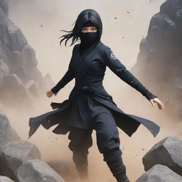 A ninja girl anime character, designed in Japanese anime style, showcasing her earth manipulation techniques. Surrounded by swirling rocks and dust, she stands in a determined pose.