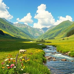 A serene and beautiful landscape featuring a lush green valley surrounded by majestic mountains, with a clear blue sky and fluffy white clouds