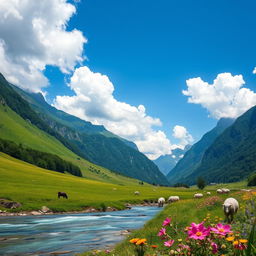 A serene and beautiful landscape featuring a lush green valley surrounded by majestic mountains, with a clear blue sky and fluffy white clouds