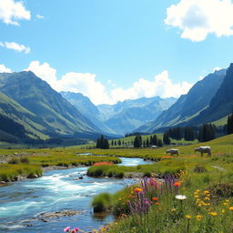 A serene and beautiful landscape featuring a lush green valley surrounded by majestic mountains, with a clear blue sky and fluffy white clouds