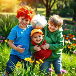 A vibrant scene featuring three boys: one with striking red hair, one with snowy white hair, and a younger boy with a playful demeanor