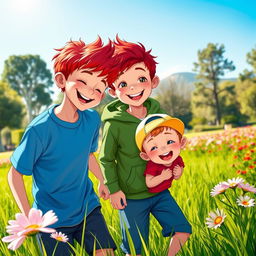 A vibrant scene featuring three boys: one with striking red hair, one with snowy white hair, and a younger boy with a playful demeanor