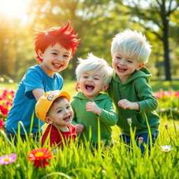 A vibrant scene featuring three boys: one with striking red hair, one with snowy white hair, and a younger boy with a playful demeanor