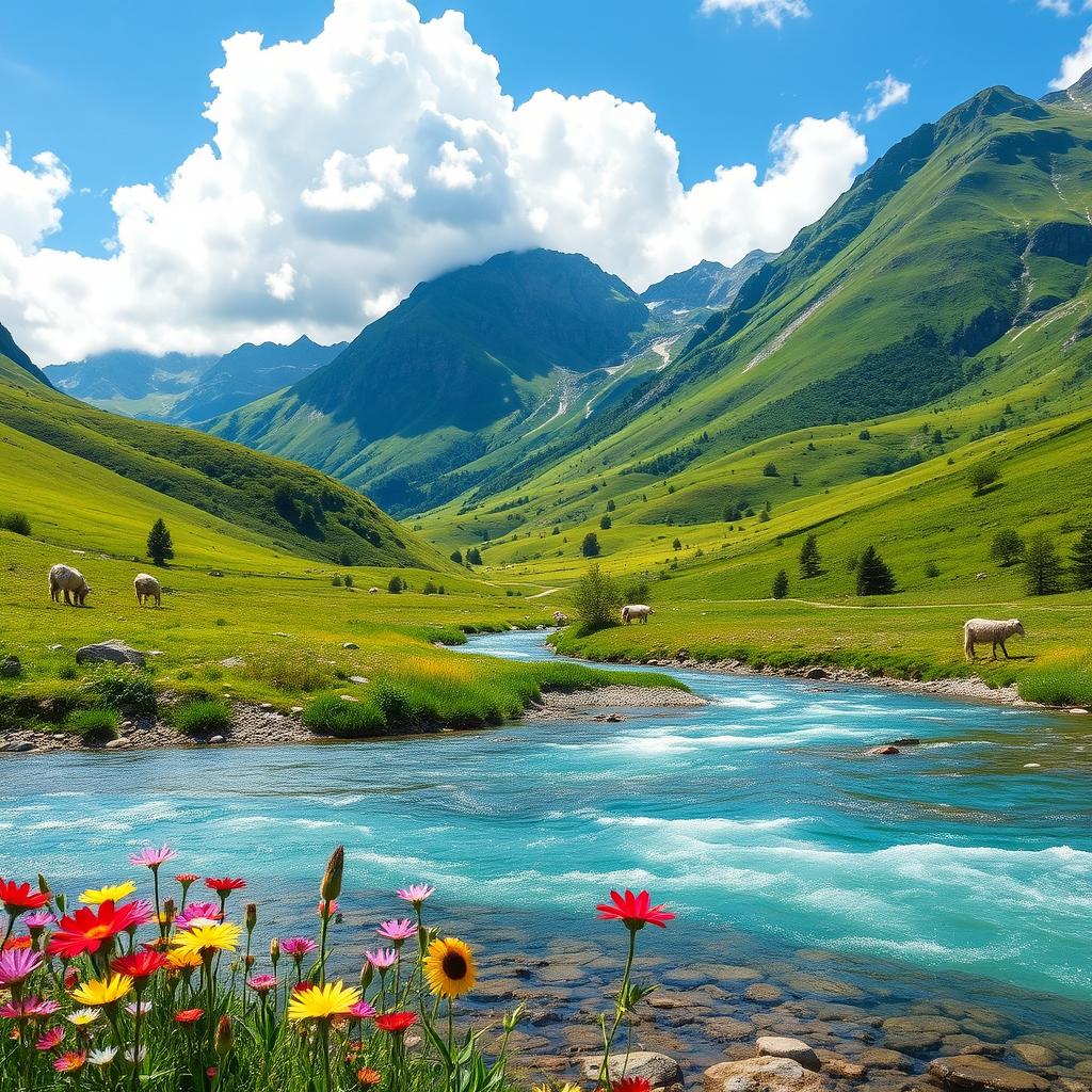 A serene and beautiful landscape featuring a lush green valley surrounded by majestic mountains, with a clear blue sky and fluffy white clouds