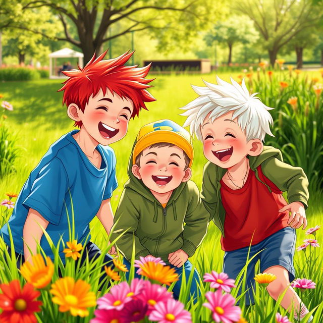 A vibrant scene featuring three boys: one with striking red hair, one with snowy white hair, and a younger boy with a playful demeanor