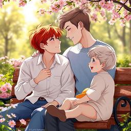 A heartwarming scene depicting a romantic interaction between two boys: one with vibrant red hair and the other with soft white hair, both portrayed as young adults