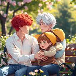 A heartwarming scene depicting a romantic interaction between two boys: one with vibrant red hair and the other with soft white hair, both portrayed as young adults