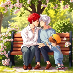 A heartwarming scene depicting a romantic interaction between two boys: one with vibrant red hair and the other with soft white hair, both portrayed as young adults