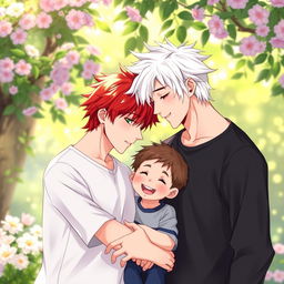 A heartwarming scene featuring two boys in love, one with vibrant red hair and the other with striking white hair