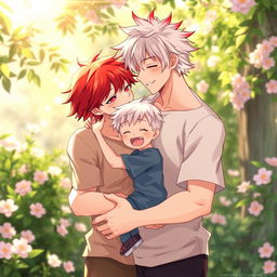 A heartwarming scene featuring two boys in love, one with vibrant red hair and the other with striking white hair