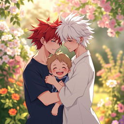 A heartwarming scene featuring two boys in love, one with vibrant red hair and the other with striking white hair