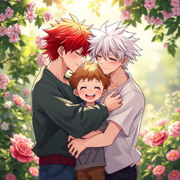 A heartwarming scene featuring two boys in love, one with vibrant red hair and the other with striking white hair