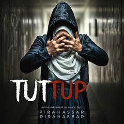 A dramatic book cover design for 'TUTUP' by RIRAHASRAR