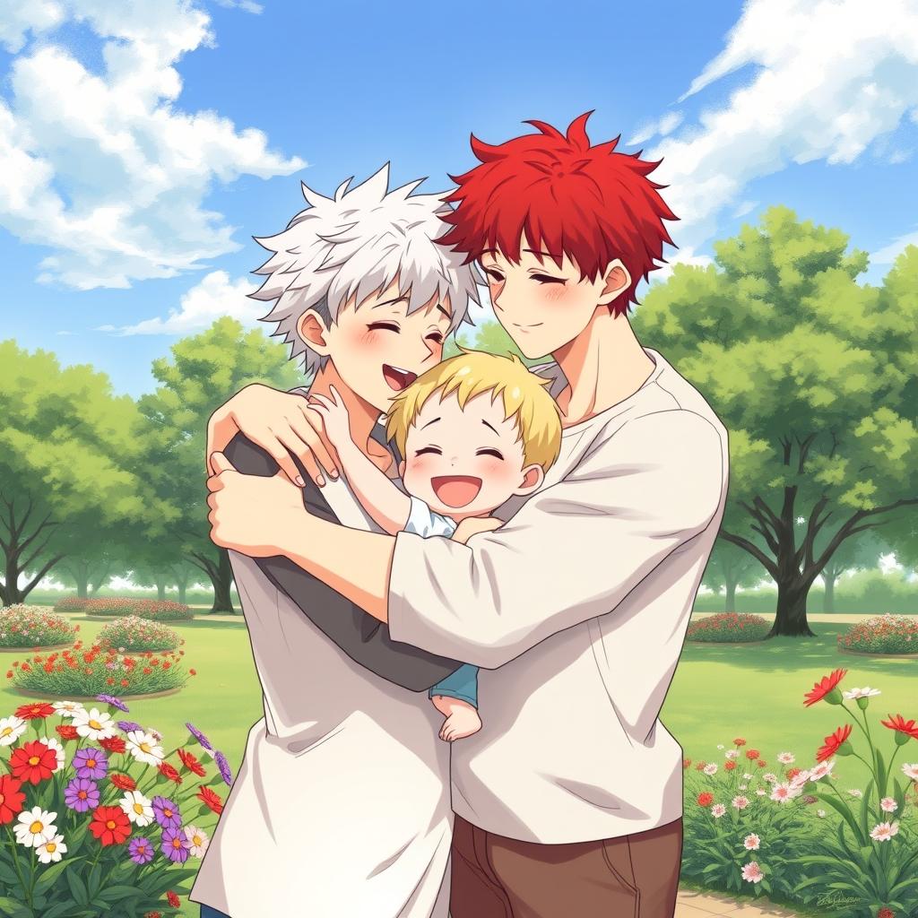 A tender scene depicting two boys in love, one with fiery red hair and the other with pure white hair