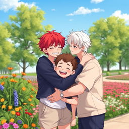 A tender scene depicting two boys in love, one with fiery red hair and the other with pure white hair