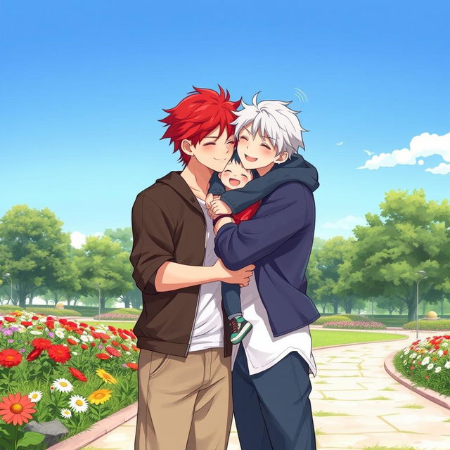 A tender scene depicting two boys in love, one with fiery red hair and the other with pure white hair