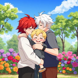 A tender scene depicting two boys in love, one with fiery red hair and the other with pure white hair