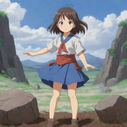 A young girl anime character, drawn in Japanese anime style, performing a formidable earth-oriented technique. She stands firm as stones and soil rise in the air around her.