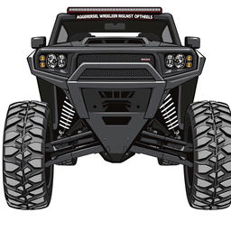 A front view design of an off-road vehicle, showcasing the aggressive and rugged styling