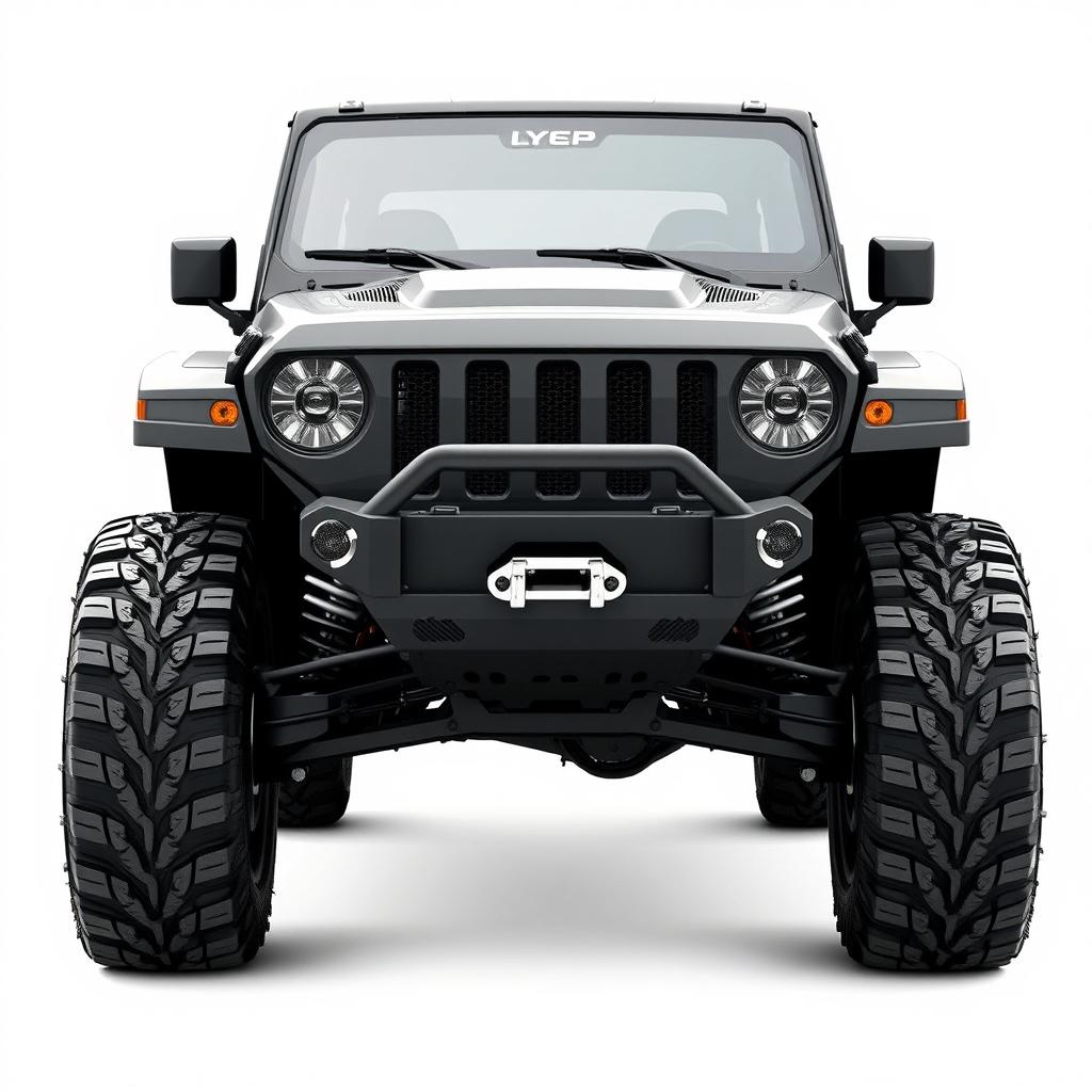 A front view design of an off-road vehicle, showcasing the aggressive and rugged styling