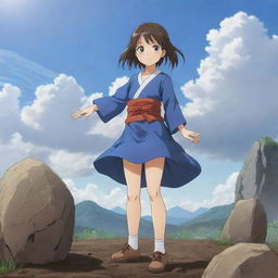 A young girl anime character, drawn in Japanese anime style, performing a formidable earth-oriented technique. She stands firm as stones and soil rise in the air around her.