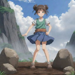 A young girl anime character, drawn in Japanese anime style, performing a formidable earth-oriented technique. She stands firm as stones and soil rise in the air around her.