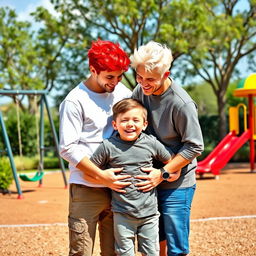 A loving scene featuring two boys in a romantic embrace, one with bright red hair and the other with snowy white hair