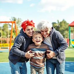 A loving scene featuring two boys in a romantic embrace, one with bright red hair and the other with snowy white hair