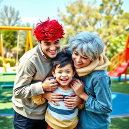 A loving scene featuring two boys in a romantic embrace, one with bright red hair and the other with snowy white hair