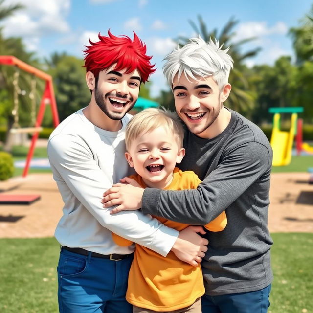 A loving scene featuring two boys in a romantic embrace, one with bright red hair and the other with snowy white hair