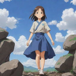 A young girl anime character, drawn in Japanese anime style, performing a formidable earth-oriented technique. She stands firm as stones and soil rise in the air around her.