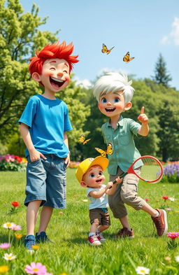 A whimsical scene featuring three boys together: one boy with vibrant red hair, another with striking white hair, and a smaller boy with playful features