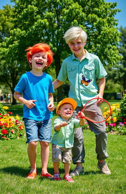 A whimsical scene featuring three boys together: one boy with vibrant red hair, another with striking white hair, and a smaller boy with playful features