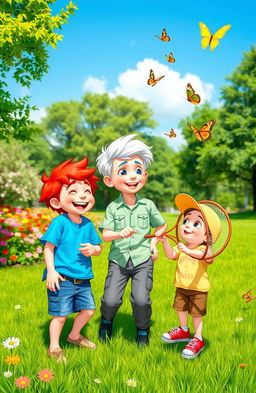 A whimsical scene featuring three boys together: one boy with vibrant red hair, another with striking white hair, and a smaller boy with playful features