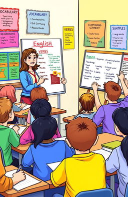 A colorful and educational illustration depicting a classroom scene focused on English language learning for 7th graders