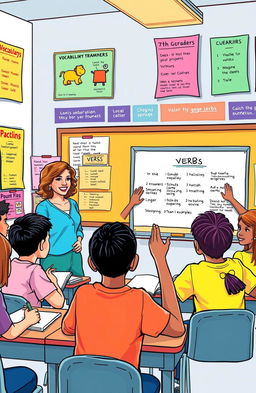 A colorful and educational illustration depicting a classroom scene focused on English language learning for 7th graders