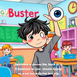 A whimsical illustration of Buster, a young boy with dark tousled hair and a quirky feature of a popping-out eyeball, stands in a colorful classroom setting