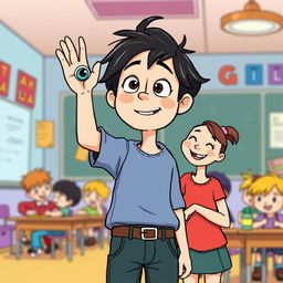 A whimsical illustration of Buster, a young boy with dark tousled hair and a quirky feature of a popping-out eyeball, stands in a colorful classroom setting